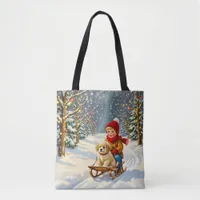 Vintage Christmas Scene, Boy on Sled with Puppy Tote Bag