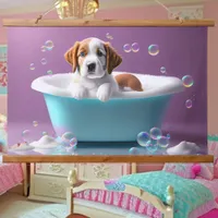 Cute puppy in a bathtub with soap bubbles hanging tapestry