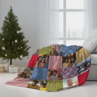 Faux Patchwork 15 Photo Collage Family Christmas Fleece Blanket