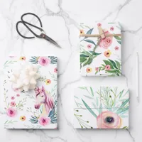 Elegant Floral Unicorn Wrapping Paper Sheets