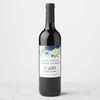 Navy Royal Bue Wedding Watercolor Ivory Flowers Wine Label