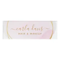 Signature Script Blush Pink Watercolor Gold Circle Name Tag