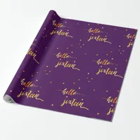 Sweet 16 purple gold hello sixteen script wrapping paper