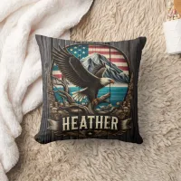 Eagle Perched on Branch Against American Landscape Throw Pillow