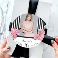 Sweet 16 black white stripes flowers photo classic round sticker