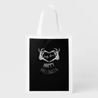 Hey, Boo! Happy Halloween Skeleton Hand Heart Clas Grocery Bag