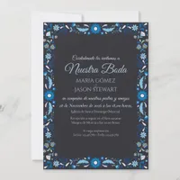 Navy Blue Floral Elegant Classic Spanish Wedding Invitation