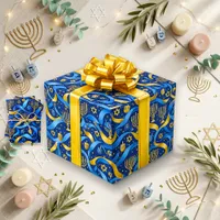 Festive Blue Gold Hanukkah Menorah Wrapping Paper Sheets