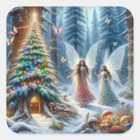 Enchanted Fairytale Forest Personalized Christmas Square Sticker