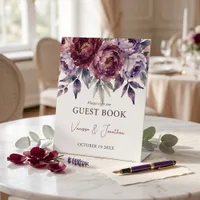 Moody Burgundy Plum Peony Fall Wedding Guest Book Pedestal Sign