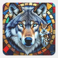 Mosaic Style Owl and Wolf Wildlife Vibrant Square Sticker