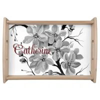 Sakura Japanese Cherry Tree Black and White   Serving Tray