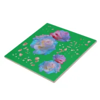 Water Droplets on Pink & Blue Roses on Green | Ceramic Tile