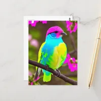 Colorful Fantasy Bird On a Branch With Flowers Postcard