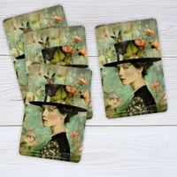 Whimsical Portrait of a Lady with Flowers Poker Cards