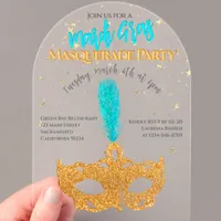 Gold and Blue Sparkles Mask Mardi Gras Party Acrylic Invitations