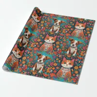 Cute Whimsical Folk Art Cat and Dog and Flowers Wrapping Paper