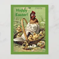 Vintage Easter Hen and Chicks in Basket Holiday Postcard