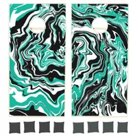 Turquoise, Black and White Swirls Marble like Cornhole Set