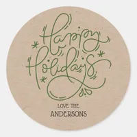 Kraft Happy Holidays Handwritten Script Envelope Classic Round Sticker