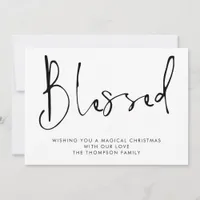 Minimalist Script Blessed Black White Christmas  Holiday Card