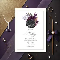 Moody Purple, Gold and Black Floral Wedding Invitation