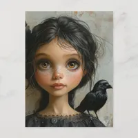 Adorable Girl and her Pet Black Bird Postcard