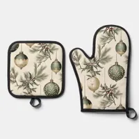 Sage Green and Gold Christmas Ornaments Oven Mitt & Pot Holder Set