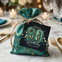 Teal Gold Mosaic 80th Birthday Party Black Bokeh Favor Tags