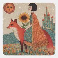 Fantasy Surreal Woman and Her Red Fox Square Sticker