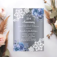 Silver blue florals lace 25th wedding anniversary invitation