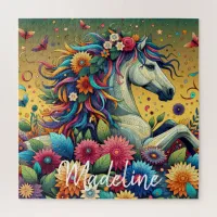 Pretty Whimsical Colorful Flowers and White Horse Jigsaw Puzzle