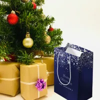 Christmas blue white glitter dust silver medium gift bag