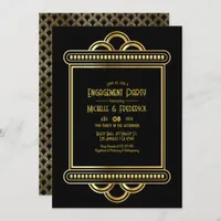 Black & Gold Art Deco Gold Engagement Party Photo Invitation