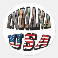 Indiana USA Flag & State Photo Text Classic Round Sticker