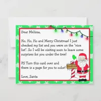 Letter from Santa for Kids + Coloring Page on Back Postcard