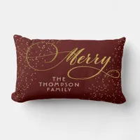 Burgundy Gold Script Merry Bright Family Christmas Lumbar Pillow