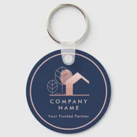 Modern House Logo Navy Blue Rose Gold Qr code Keychain