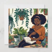 Woman Relaxing with Cat, a Good Book and Plants Card