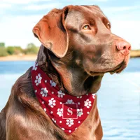 Red And White Polka Dot Paw Print Monogram Pet Bandana Collar