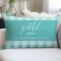 Teal & White Buffalo Check Grateful Personalized Lumbar Pillow