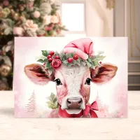 Adorable Christmas Cow in Santa Hat Holiday Card