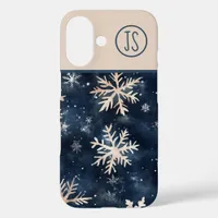 Simple Dark Blue with Snowflakes Monogrammed iPhone 16 Case