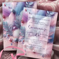 Pastel Feathers Pearls Glitter Leaves Quinceañera Invitation