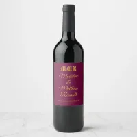 Monogram Elegant Burgundy and Gold Wedding  Wine Label