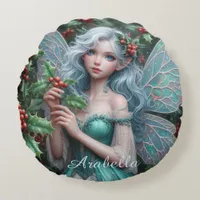 Beautiful December Fairy in Holly Round Pillow