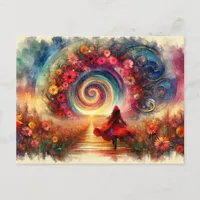 Little Red Riding Hood Floral Portal Watercolor Postcard