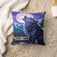 Majestic Wolf Howling Under the Full Moon Throw Pillow