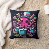 Colorful Octopus Playing Drums in Festive Setting Throw Pillow