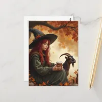 Cute Witch With Coffee and Her Pet Goat in Autumn Postcard